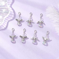 Античный Серебристый & Платиновый Стеклянные подвески в форме сердца ангела, с цинковым сплавом застежками омаров коготь, старинное серебро и платина, 39~41 мм, 7 шт / комплект