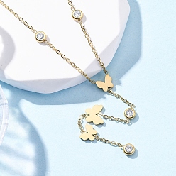 Настоящее золото 18K 304 ожерелья-лариаты из нержавеющей стали с кристаллами и стразами в виде бабочек, ионное покрытие (ip), реальный 18 k позолоченный, 16.34 дюйм (41.5 см) в длину + 55 удлинитель мм