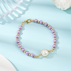 Фиолетовый Браслеты из круглых бусин со стеклянным жемчугом для женщин, с латунным шарики прокладки, фиолетовые, 8-3/4 дюйм (22.1 см)