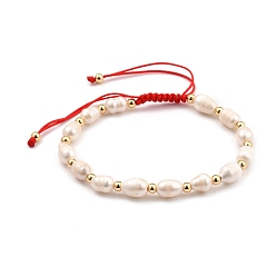 Красный Регулируемые нейлоновые нити плетеные браслеты из бисера, с бусинами из натурального культивированного пресноводного жемчуга и латунными бусинами, реальный 18 k позолоченный, красные, внутренний диаметр: 5.5~9 см (2-1/8~3-1/2 дюйм)