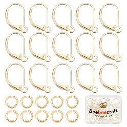 Chapado en Oro Real 18K 20 par de fornituras de aretes de latón con cierre de palanca, con bucles y 40 piezas 304 anillos abiertos de acero inoxidable, real 18 k chapado en oro, 16x12x2 mm, agujero: 1.5 mm