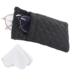 Black 1Pc PU Imitation Leather Eyeglass Cases, Rectangle, with 1Pc Suede Fiber Glasses Cleaning Cloth, Black, 181x102x13mm
