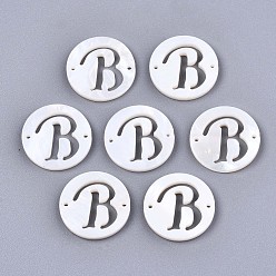 Letter B Natural Freshwater Shell Links Connectors, Flat Round with Letter, Letter.B, 14.5x1.5mm, Hole: 0.9mm