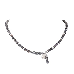 Имперская яшма Ожерелья из бамбуковых бусин, выполненные из окрашенной в фиолетовый цвет натуральной императорской яшмы и синтетического немагнитного гематита, 304 ожерелья из нержавеющей стали, цвет нержавеющей стали, 17.87 дюйм (45.4 см)