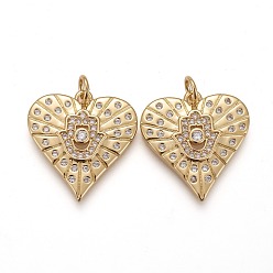 Real 18K Gold Plated Brass Micro Pave Clear Cubic Zirconia Pendants, Cadmium Free & Lead Free, Long-Lasting Plated, With Jump Ring, Heart with Hamsa Hand, Real 18K Gold Plated, 20x19x3mm, Hole: 3mm, Jump Ring: 5x1mm
