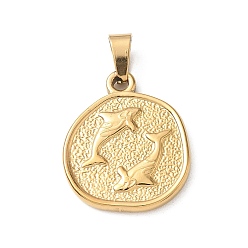 Doré  Pendentifs en acier inoxydable, avec 304 mousqueton en acier inoxydable sur les balles, rond plat irrégulier avec des breloques dauphin, placage ionique (ip), or, 201mm, Trou: 24.5x20.5x2.5mm