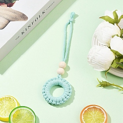 Светло-голубой Круглые хлопковые подвесные украшения, с бусинами из натурального необработанного дерева, светло-голубой, 225 мм