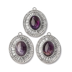 Аметист Природный аметист овальной подвески, 304 подвески из нержавеющей стали с кристаллами и стразами, цвет нержавеющей стали, 38x29.5x9 мм, отверстие : 2.2 мм
