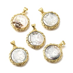 Золотой Латунь паве натуральный черный губа ракушка резные кошачьи концы, стойки покрытие, плоские круглые прелести, золотые, 22x19.5x3.5 мм, отверстие : 3x4 мм