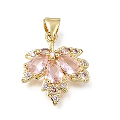 Pink Латунные микро проложить кубического циркония подвески, кленовый лист подвески, без кадмия и без свинца, стойки покрытие, долговечный, реальный 18 k позолоченный, розовые, 19x16x3.5 мм, отверстие : 3x5 мм