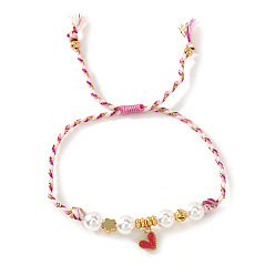 Красный Браслеты ручной работы с подвесками в виде сердечек из латуни с эмалью., Браслеты из плетеного шнура с бусинами для женщин, с пластиковой имитационной жемчужиной, красные, 11.02 дюйм (28 см)