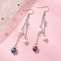 Нержавеющая Сталь Цвет Серьги-подвески с натуральным овальным аквамарином и натуральным культивированным пресноводным жемчугом, С 304 результатами из нержавеющей стали, цвет нержавеющей стали, 84.5x12 мм