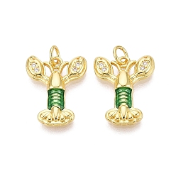 Морско-зеленый Латунные микропаве прозрачные подвески с фианитом, креветки прелести, с эмалью, золотые, цвета морской волны, 18.5x14.5x2.5~3 мм, отверстие : 3 мм, Перейти кольцо: 5x0.8 мм, внутренний диаметр: 3 мм