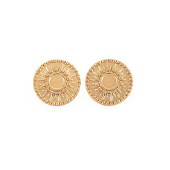 Real 14K Gold Plated Ion Plating(IP) 304 Stainless Steel Stud Earring Findings, Earring Setting for Enamel, with Ear Nuts and Loop, Flat Round with Sun, Real 14K Gold Plated, 15mm, Hole: 1.8mm, Pin: 0.7mm, Tray: 4.5mm