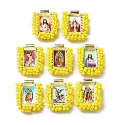 Желтый Подвески барс, с пластиковыми бусинами и бумагой, прямоугольник с фантастическими святыми, без кадмия, без никеля и без свинца, желтые, 27x22x6 мм, отверстие : 2.2 мм