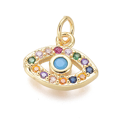 Золотой Латунные микро проложить кубического циркония прелести, с прыжковых колец, глаз, красочный, золотые, 11x13x2.5 мм, отверстие : 3 мм