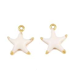 White Brass Enamel Pendants, Starfish Charms, Rack Plating, Long-Lasting Plated, Lead Free & Cadmium Free, Real 18K Gold Plated, White, 11x9x2mm, Hole: 0.9mm