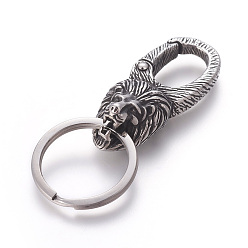 Antique Silver 304 Stainless Steel Split Key Rings, Keychain Clasp Findings, Lion, Antique Silver, 72mm, Ring: 28x2.5mm, 22mm Inner Diameter
