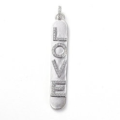 Platinum Brass Micro Pave Cubic Zirconia Pendants, with Soldered Jump Rings, Rectangle with Word LOVE, Clear, Platinum, 55x9x2.5mm, Hole: 4.5mm