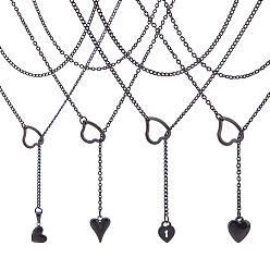 Черный 4 шт. 4 стили 304 лариат из нержавеющей стали с подвеской в форме сердца для женщин, чёрные, 28.86~29.13 дюйм (73.3~74 см), 1 шт / стиль