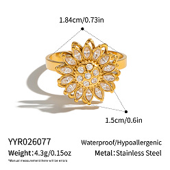 Real 18K Gold Plated 304 Stainless Steel Micro Pave Cubic Zirconia Cuff Open Rings for Women, Flower, Long-Lasting Plated, Real 18K Gold Plated, 15mm, Inner Diameter: 18.4mm