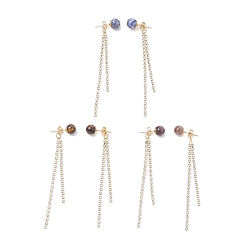 Золотой 3 пары латунных серег-гвоздиков с круглыми кисточками и стразами, с натуральным тигровым глазом, натуральным аметистом и натуральной голубовато-пятнистой яшмой, золотые, 82x8 мм