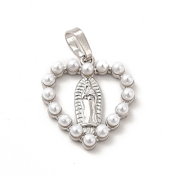 Платина Подвески из искусственного жемчуга, с реечной обшивкой латунными выводами, долговечный, сердце со святым шармом, платина, 25x18.5x4 мм, отверстие : 6x3 мм