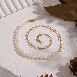 Настоящее золото 18K Женские ожерелья из натурального пресноводного жемчуга и 304 цепочек-скрепок из нержавеющей стали, белые, реальный 18 k позолоченный, 13.39 дюйм (34 см)