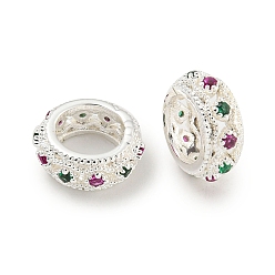 Серебро Покрытие стойки латунь микро паве разноцветные европейские бусины с кубическим цирконием, бусины с большим отверстием, долговечный, без свинца и без кадмия, рондель, серебряные, 9x3.8 мм, отверстие : 5.5 мм