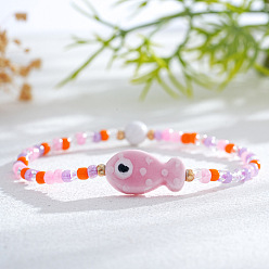  Эластичные браслеты из смолы и фарфоровых бусин для женщин, рыба, 6.89 дюйм (17.5 см)