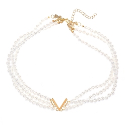 White Natural Pearl Bead Triple Layer Necklace, with Alloy Letter V Pendant, White, 19.69 inch(50cm)
