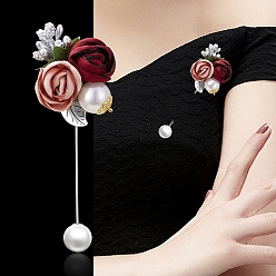 Коралловый Сплава брошь, с имитацией жемчуга и тканевой фурнитурой, коралл, 95x40 мм