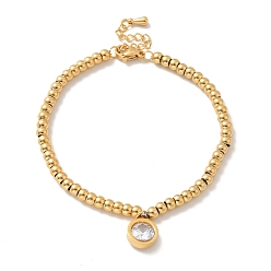 Золотой Вакуумное покрытие pvd 304 плоский круглый браслет из нержавеющей стали с подвесками и прозрачным кубическим цирконием, 201 браслет из круглых бусин из нержавеющей стали для женщин, золотые, 8-5/8 дюйм (22 см)