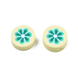 Champagne Yellow Handmade Polymer Clay Beads, Flat Round with Flower, Champagne Yellow, 9~10x4~4.5mm, Hole: 1.2~1.8mm