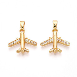 Настоящее золото 18K Латунные микро проложить кубического циркония подвески, без кадмия и без свинца, прелести самолета, реальный 18 k позолоченный, 15x16.8x2.2 мм, отверстие : 2.5x5 мм