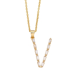 Letter V Unisex Brass Micro Pave Clear Cubic Zirconia Pendant Necklaces with Cable Chain, Letter, Letter V, 17.72 inch(45cm)