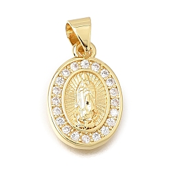 Real 18K Gold Plated Religion Brass Micro Pave Clear Cubic Zirconia Pendants, Oval with Virgin Mary Charms, Rack Plating, Long-Lasting Plated, Cadmium Free & Lead Free, Real 18K Gold Plated, 16x11x2.5mm, Hole: 5x4mm