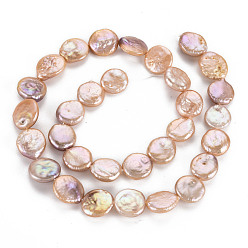 PeachPuff Natural Keshi Pearl Beads Strands, Cultured Freshwater Pearl, Flat Round, PeachPuff, 11~14x11~12x4~5mm, Hole: 0.6mm, about 31~34pcs/strand, 14.57~15.35 inch(37~39cm)