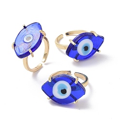 Blue Lampwork Oval with Evil Eye Open Cuff Ring, Real 18K Gold Plated Brass Lucky Jewelry for Women, Lead Free & Cadmium Free, Blue, US Size 6 1/4(16.7mm)