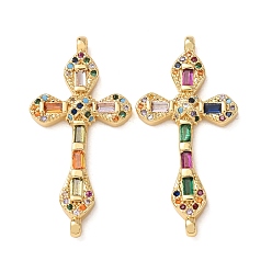 Real 18K Gold Plated Brass Micro Pave Colorful Cubic Zirconia Connector Charms, Cross Links, Rack Plating, Long-Lasting Plated, Cadmium Free & Lead Free, Real 18K Gold Plated, 31.5x15.5x3mm, Hole: 1.4mm