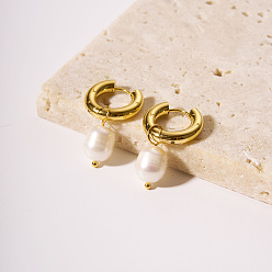 Golden Ovale Creolen aus Edelstahl mit Naturperlen, golden, 32 mm