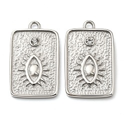 Stainless Steel Color 304 Stainless Steel Pendants, with Crystal Rhinestone, Rectangle with Evil Eye Charm, Stainless Steel Color, 23x14x2.5mm, Hole: 1.6mm