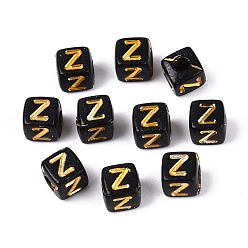 Letter Z Непрозрачные акриловые бусины, золотой металл обвитыми, куб с письмом, чёрные, Письмо Z, 4.5~5x4.5~5x4.5~5 мм, отверстие : 2 мм, Около 6250 шт / 500 г