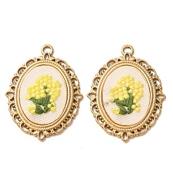 Jaune 304 Acier inoxydable avec pendentifs en tissu, placage ionique (ip), ovale avec breloques fleurs, réel 18 k plaqué or, jaune, 40x30x4.5mm, Trou: 2.5mm