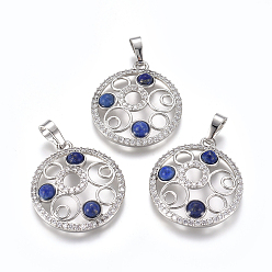 Lapis Lazuli Natural Lapis Lazuli Pendants, with Platinum Tone Brass Findings and Crystal Rhinestone, Flat Round, Dyed, 29x25.5x4.5mm, Hole: 4.5x8mm