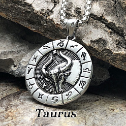 Телец Плоский круглый с гравировкой двенадцати созвездий сплав кулон ожерелье для женщин мужчин, античное серебро, Телец, 23.62 дюйм (60 см)