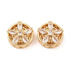 Настоящее золото 18K Латунные микропаве из прозрачного кубического циркония, без кадмия, без никеля и без свинца, плоские круглые с цветком, реальный 18 k позолоченный, 13x6 мм, отверстие : 1.6 мм