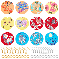 Mixed Color 48Pcs 12 Style Spray Painted Iron Pendants, Rubberized Style, 3D Printed, Flat Round Charms, with Iron Jump Rings, Mixed Color, 25.5x0.8mm, Hole: 1.2mm, 4Pcs/style