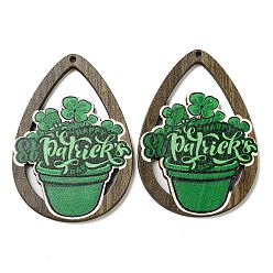 Green Saint Patrick's Day Single Face Printed Wood Big Pendants, Teardrop Charms with Clover, Green, 54x37.5x2.5mm, Hole: 1.5mm