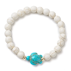 Mixed Stone 4Pcs Round Mixed Gemstone Beaded Stretch Bracelets, Summer Beach Turtle Synthetic Turquoise Bracelets for Women Men, Inner Diameter: 2-1/8 inch(5.5cm), Beads: 7.5~8.5mm